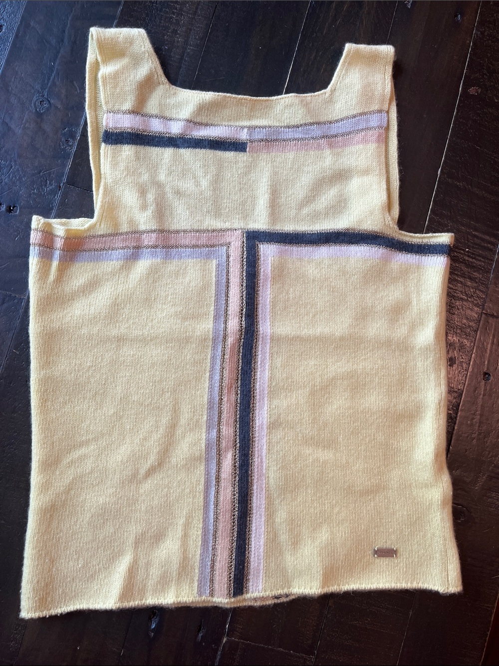 CHANEL Cream Knit Top with Metal Logo Plaque